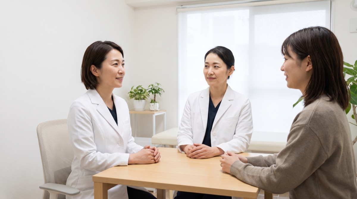 医師とスタッフが不安を丁寧に聞き取りながら穏やかに相談に応じている様子