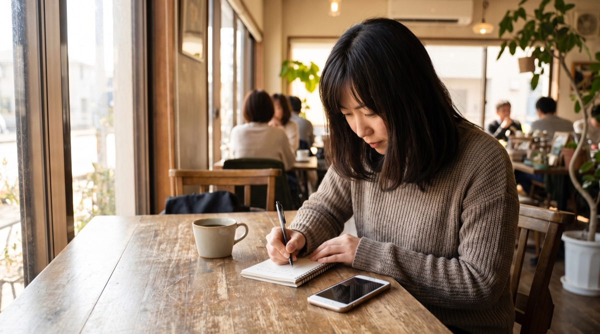 カフェでノートに質問メモを書き留める女性とスマートフォン