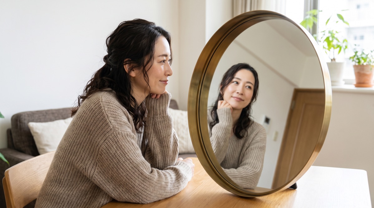女性が自宅で鏡に映る自分の顔を確認している様子