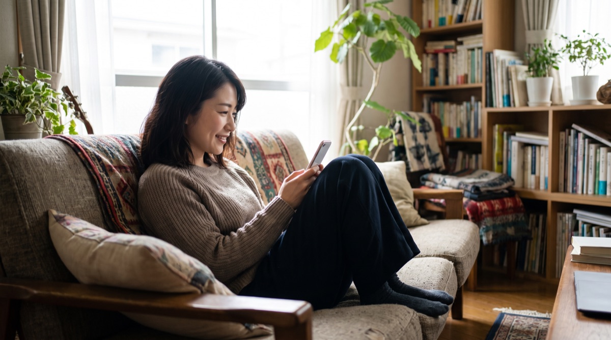 口コミを調べるときのイメージ：自宅でくつろぎながらスマートフォンで情報を探す様子