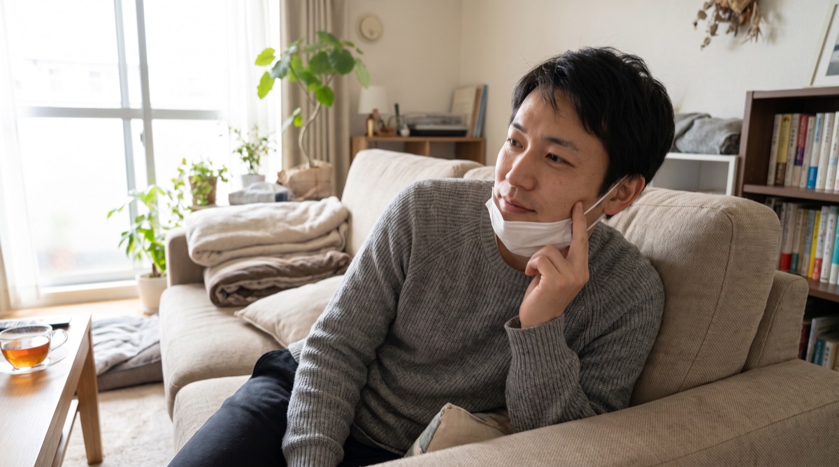 自宅のソファでくつろぎながら頬にそっと手を当てる男性。ダウンタイム中に無理をせず過ごす様子