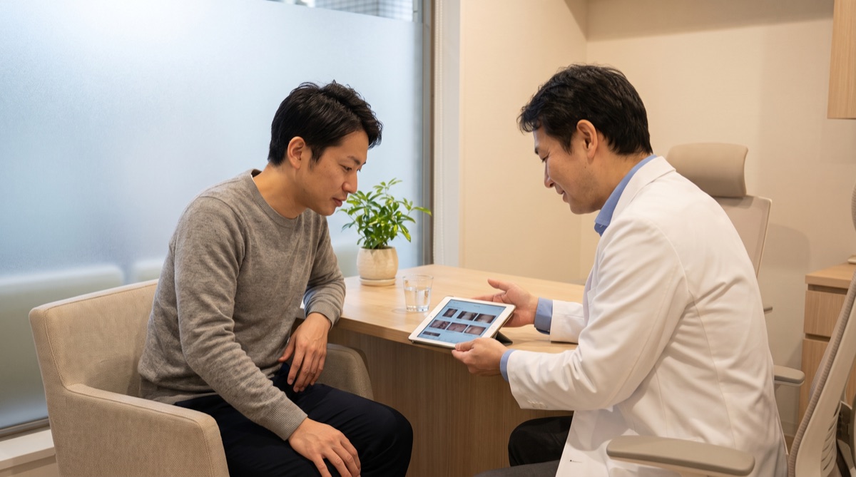 クリニックの診察室でタブレットの写真を医師と一緒に確認する男性患者