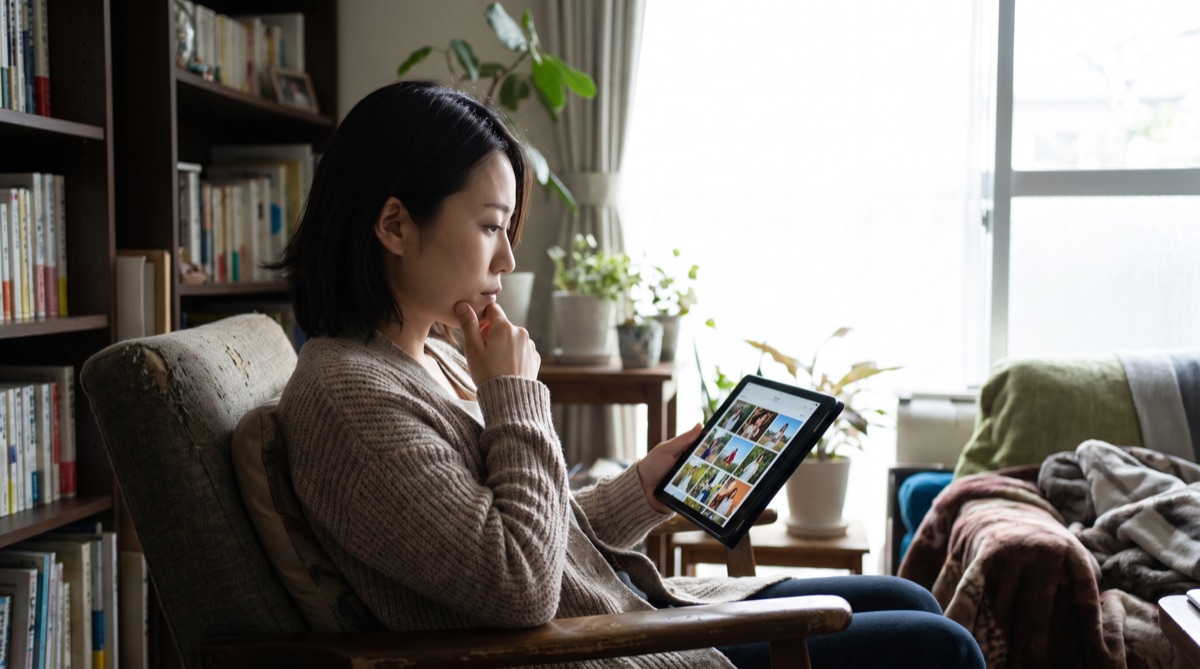 自宅でタブレットの写真を一枚ずつ丁寧に見比べながら確認している女性の様子