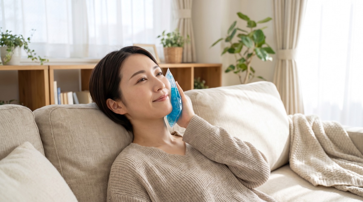 自宅のソファで冷却パックを頬に当てて休む様子