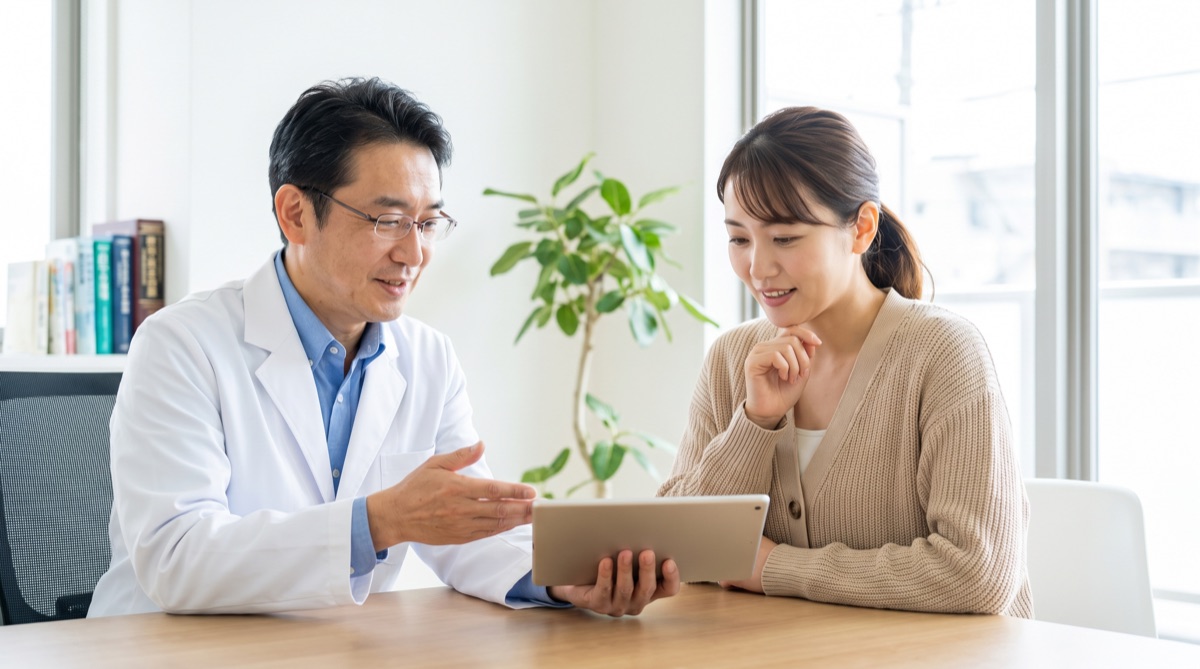医師がタブレットを見せながら患者に説明するカウンセリングの様子
