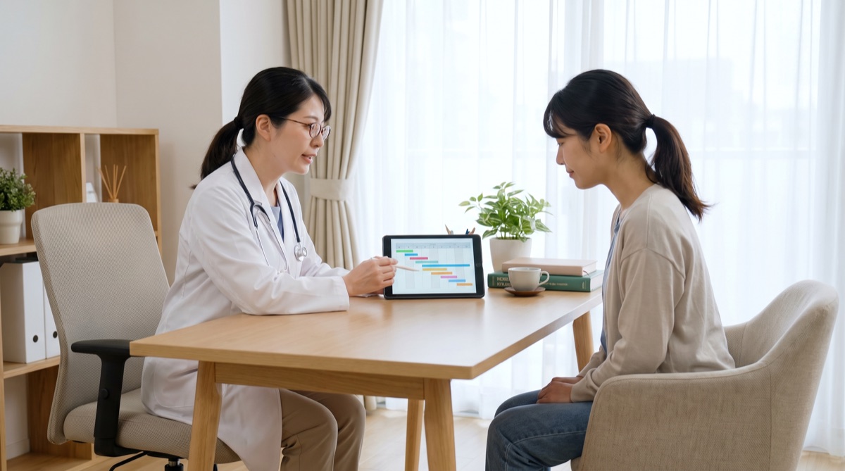 医師がタブレットの経過表を示しながら、フェイスバンドの着用期間について患者に説明しているカウンセリングの様子