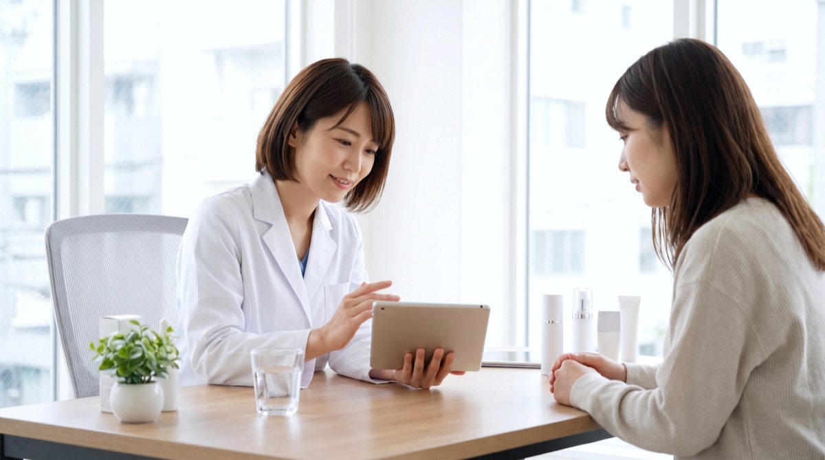 美容クリニックで医師がタブレットを見せながら患者に治療内容や費用について落ち着いて説明しているカウンセリングの様子