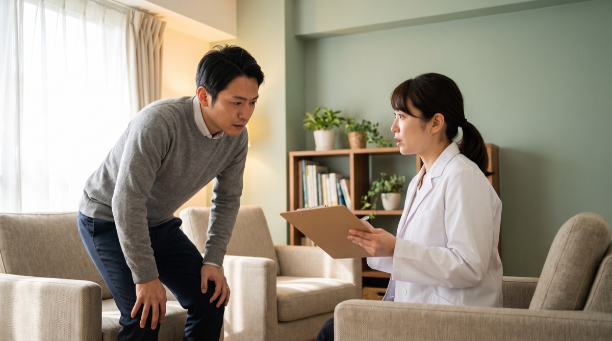 クリニックのカウンセリング室で医師の説明を真剣な表情で聞く男性患者