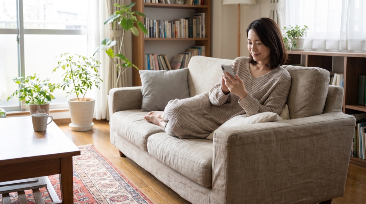 自宅のソファでスマートフォンの口コミを確認する様子