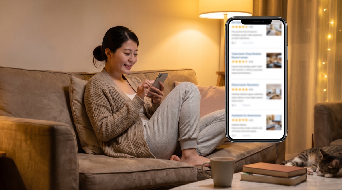 自宅のソファでくつろぎながらスマホで口コミや情報を確認している女性の様子