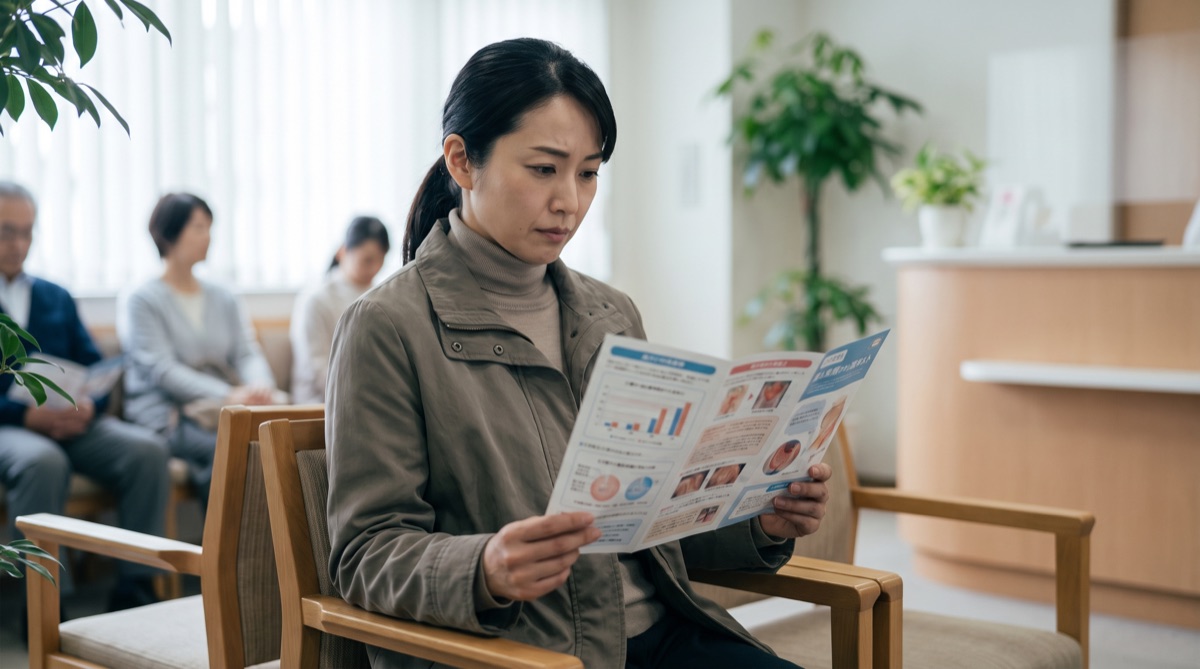 待合室でリスクに関する説明資料を読む女性