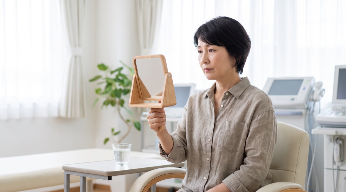 鏡で自分の顔を見ながら治療方針を考える女性