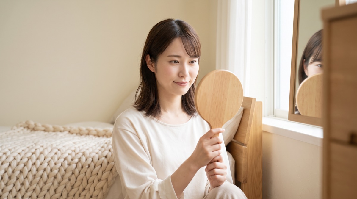 鏡で自分の顔の状態を落ち着いて確認する女性