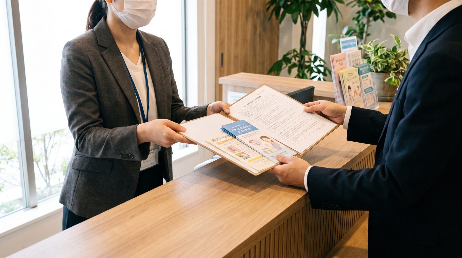 受付でスタッフから資料を受け取っている様子