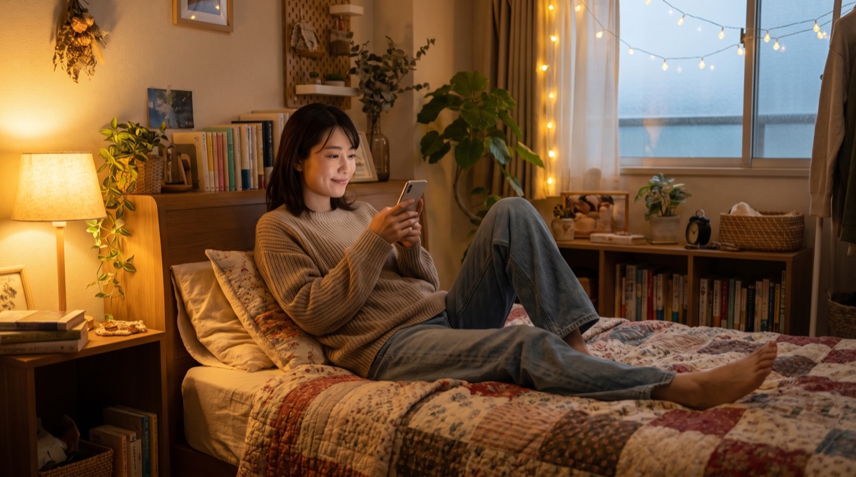 自宅でくつろぎながらスマホで口コミサイトを確認する女性