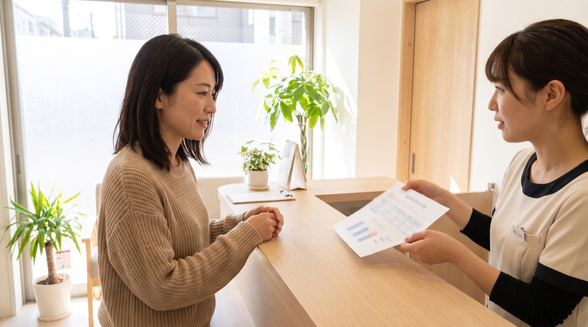 受付で表示価格の内訳が書かれた見積もり用紙を確認する女性と、説明するスタッフ