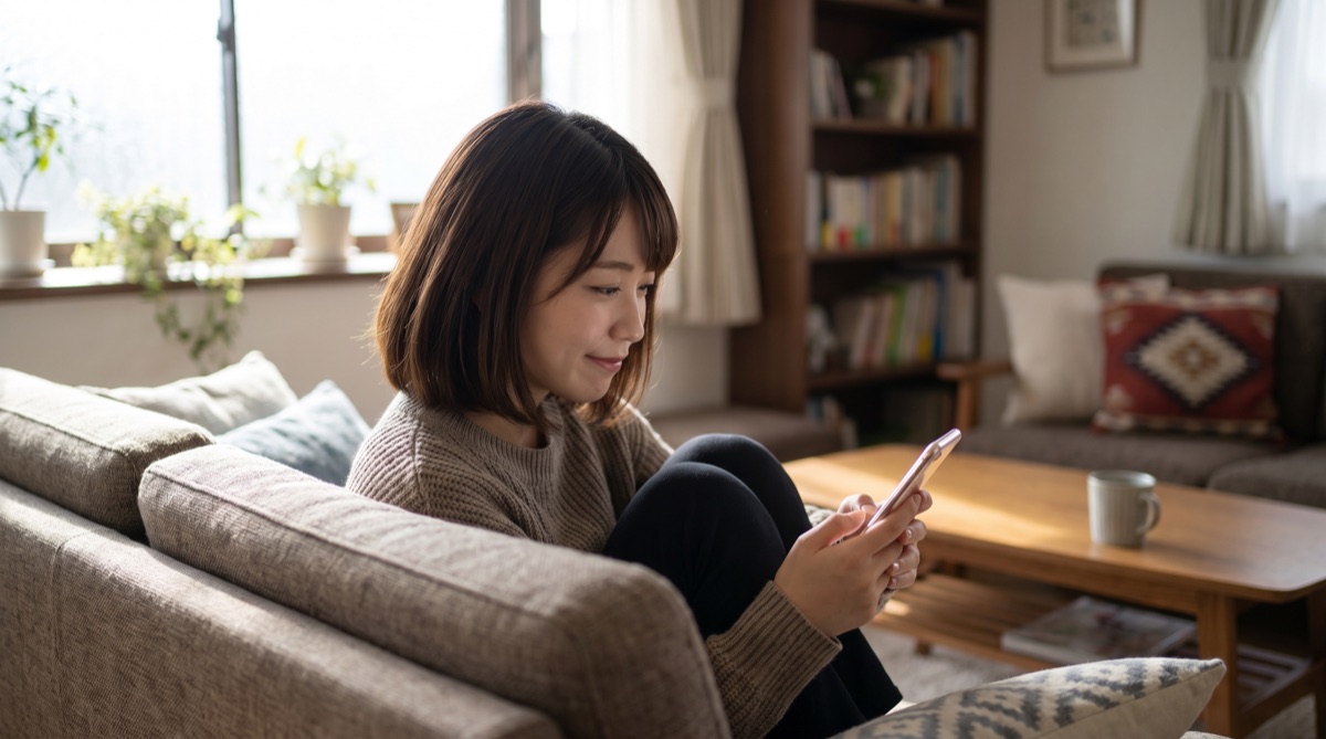 自宅でスマホの公式サイトを見比べながら、通う院の料金ページを確認する女性