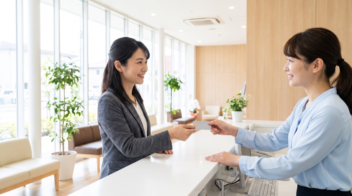 受付でクレジットカードを渡して支払いをする女性とスタッフ