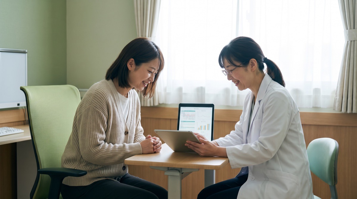 タブレットの資料を見ながら術式の選択肢についてカウンセリングを受ける女性と医師