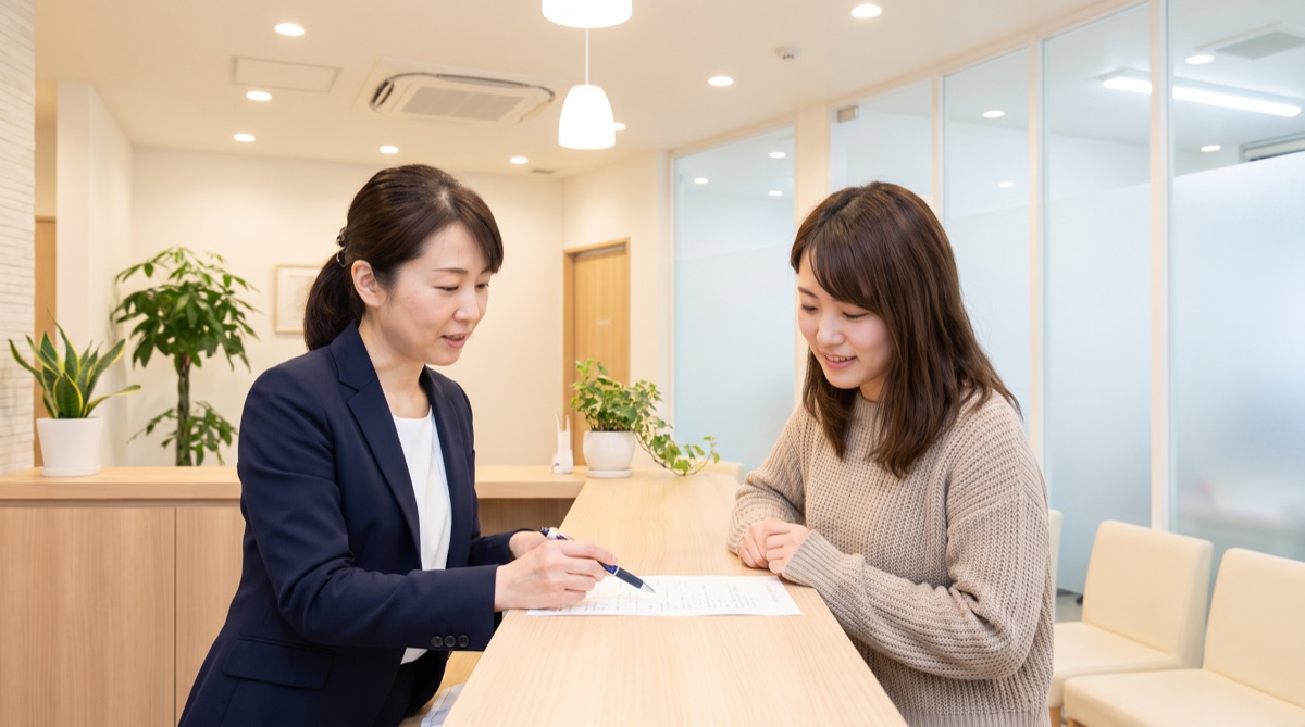 受付スタッフが患者に支払い方法の書類を説明している様子
