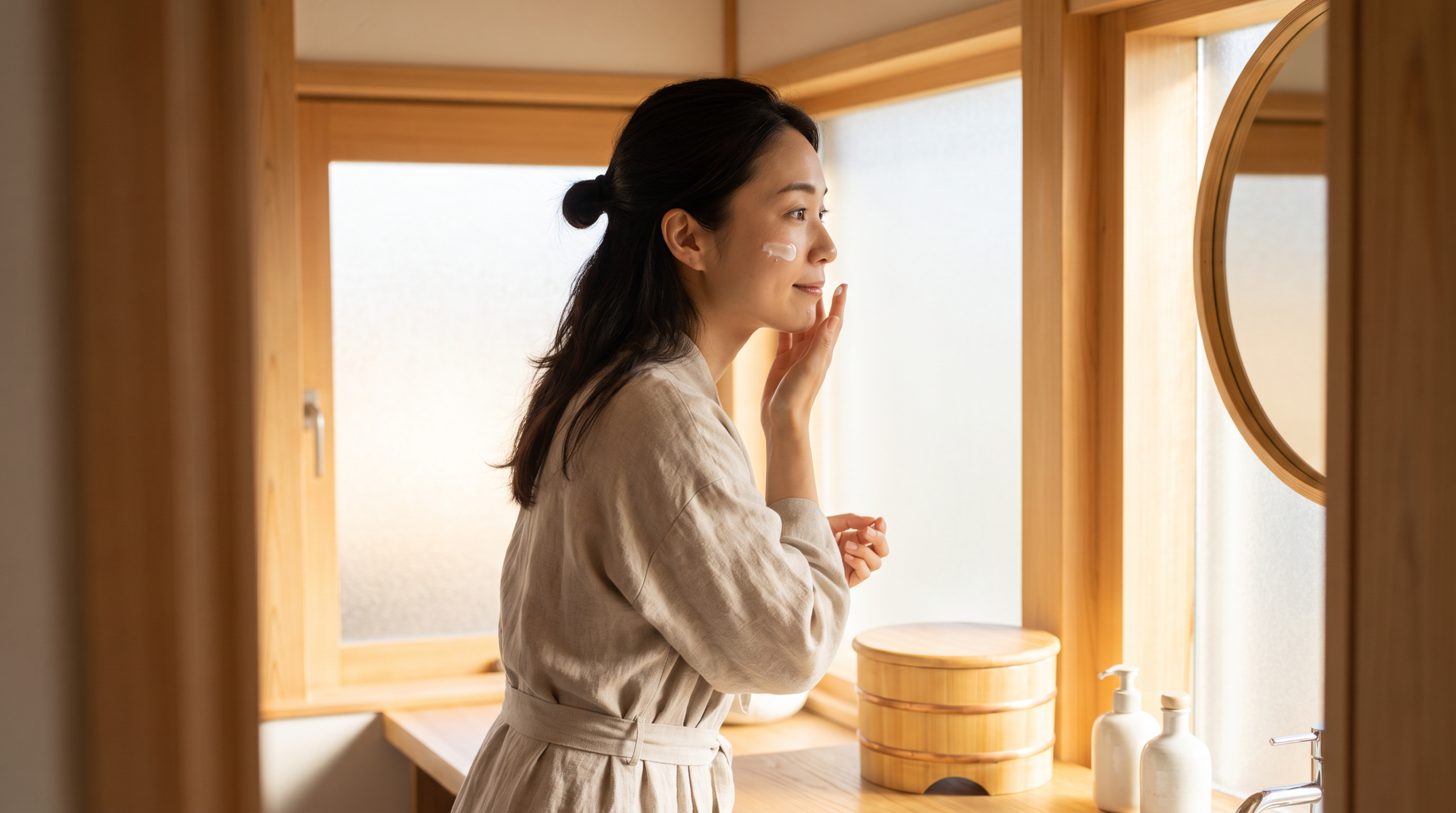 洗面所で鏡を見ながらスキンケアをしている様子